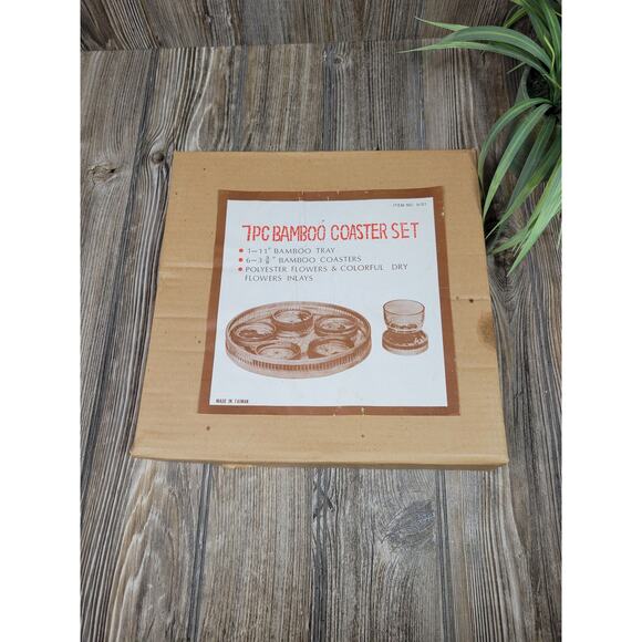 Vintage Bamboo Coaster Tray Set, Pressed Floral, NIB - Picture 2 of 5